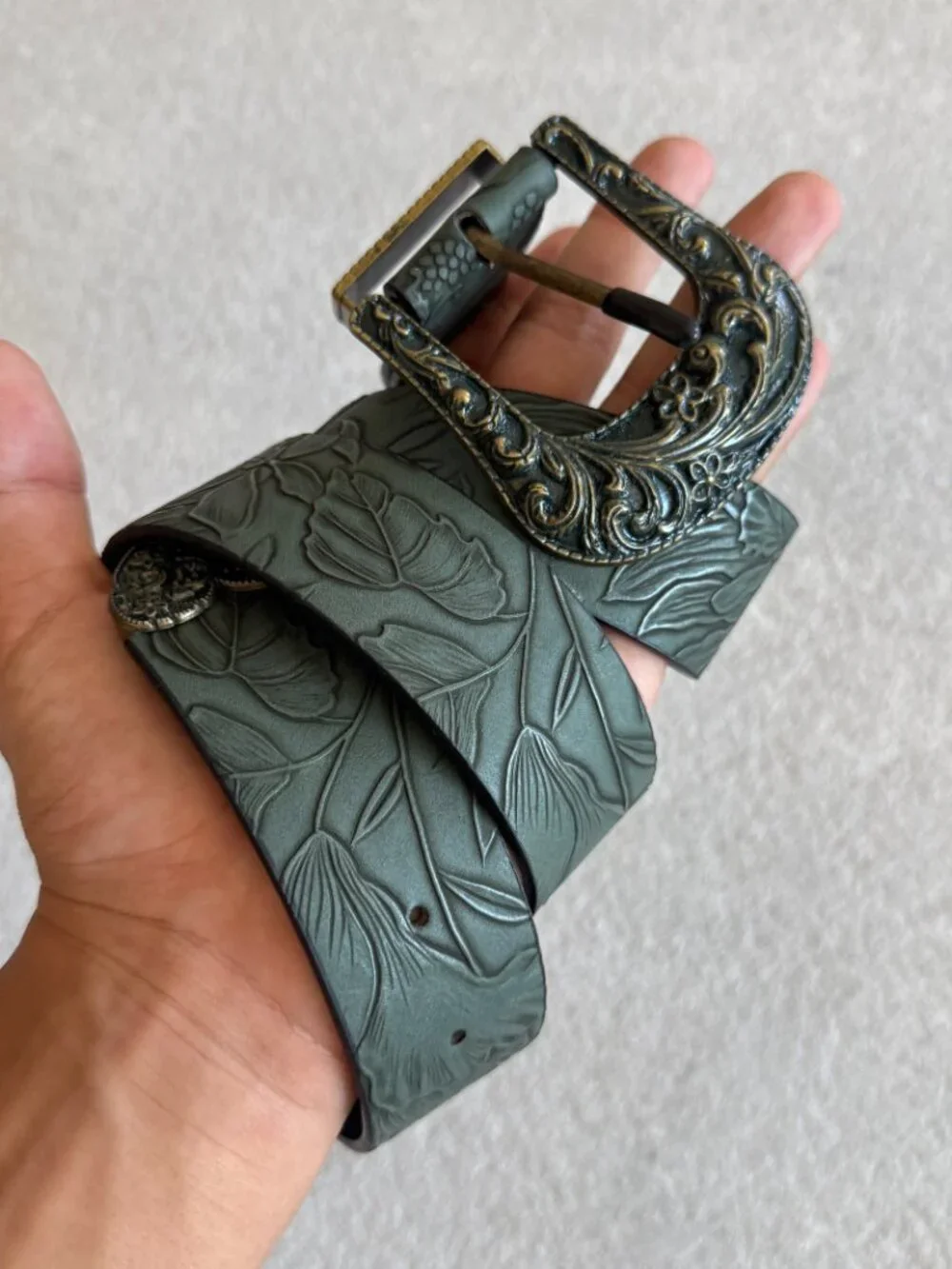 Olive Floral Embossed Western Belt